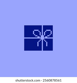 A classic pixelated blue gift box with a white ribbon. Perfect for adding a calming and serene touch to any design. Ideal for use in video games, websites, and apps.