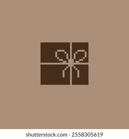 A classic pixelated brown gift box with a white ribbon. Perfect for adding a calming and serene touch to any design. Ideal for use in video games, websites, and apps.