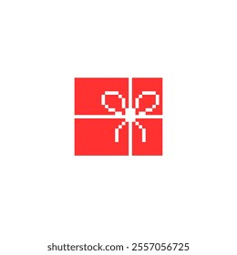 A classic pixelated red gift box with a white ribbon. Perfect for adding a festive touch to any design. Ideal for use in video games, websites, and apps.