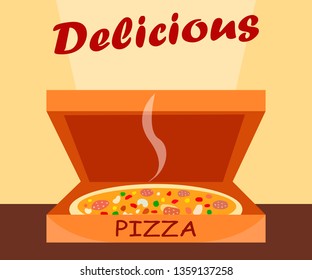 Classic Pizza in Box Cartoon Vector Illustration. Fast Food Delivery Service Flat Poster. Delicious Lettering. Takeaway Food. Dough with Vegetables, Salami and Cheese. Tasty Cooked Dinner