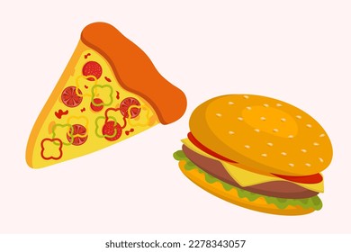 Classic pizza and hamburger close-up. Fast food, hamburger, sandwich. Design for posters, menu, restaurant, ads.