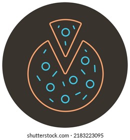 Klassische Pizza, zwei farbige Symbole auf dunkelbraunem, rundem Hintergrund.