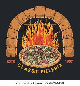 Classic pizzeria vintage colorful poster with Italian fresh pizza near stone oven to advertise craft cafe vector illustration