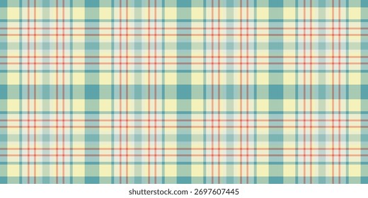 Classic plaid design featuring teal, yellow, and coral hues. Seamless pattern great for backgrounds, textiles, or wrapping paper. Warm, cozy, and versatile.