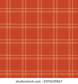 Classic plaid design with intersecting lines in a grid formation. Rich, warm red background with beige diagonal hatching. Sense of coziness and heritage.