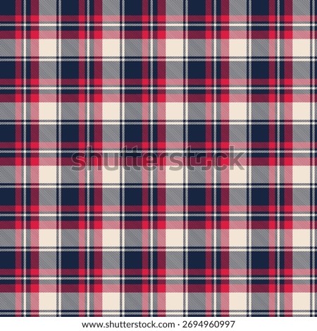 Classic plaid fabric pattern in navy, red, and cream with balanced crisscrossed lines, ideal for seamless fashion and cozy textile designs
