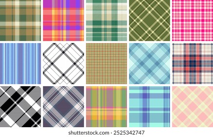 Padrões de tecido xadrez clássico com listras e cheques, perfeito para estampas têxteis, materiais de vestuário ou decoração elegante.