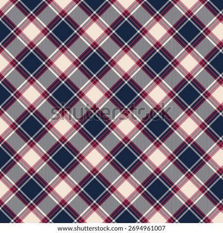 Classic plaid pattern with navy, cream, and red tones forming diagonal checkered stripes, seamless textile, and cozy fabric design
