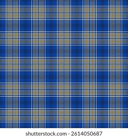 Classic plaid pattern. Seamless design with blue, gold, and white lines.  Ideal for textile design, backgrounds, or digital art. Adds texture and depth.
