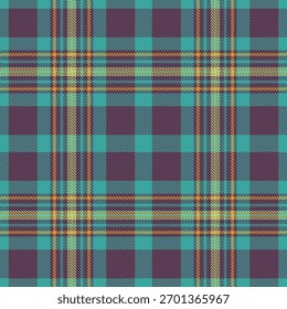 Klassisches kariertes Muster. Nahtloses Tartan-Textil-Design in Teal, Gold, Lila. Vielseitig einsetzbar für Hintergründe, Mode oder Grafikdesign. Textur sorgt für visuelles Interesse.