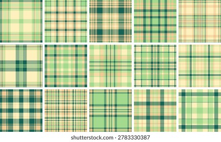 Classic plaid pattern set for presentation backgrounds. Orderly tartan grids enhance readability. Vector geometry keeps alignment.