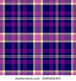 Classic plaid pattern in shades of purple and cream. Ideal for backgrounds, textiles, and graphic design projects. Evokes tradition and elegance.