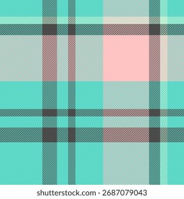 Classic plaid pattern with teal, pink, and gray hues. Textile design for fashion, home decor, or backgrounds.  Seamless, versatile texture.