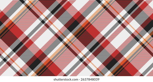 Classic plaid pattern in warm hues. Seamless textile design featuring intersecting lines. Ideal for backgrounds, fashion,  festive themes. Versatile texture.