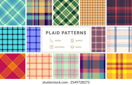 Classic plaid patterns in a colorful collection for shirts, textiles, and rustic backgrounds. Perfect for fabric and wallpaper designs.
