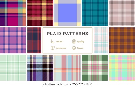 Classic plaid patterns in a colorful collection for shirts, textiles, and rustic backgrounds. Perfect for fabric and wallpaper designs.