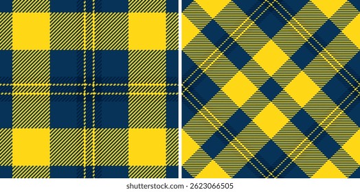 Patrones clásicos de cuadros en azul vibrante y amarillo. Diseño versátil para textiles, fondos o arte digital: representa la tradición, la calidez y la audacia.