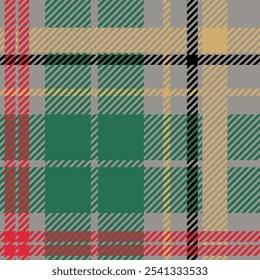 Classic plaid tartan pattern featuring red, green, and yellow stripes on a gray background. Perfect for textile designs, backgrounds, and holiday-themed projects.