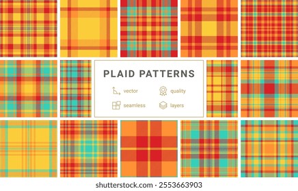 Classic plaid textile patterns featuring checkered designs in trendy colors, perfect for fabric prints, wallpaper, or stylish shirts.