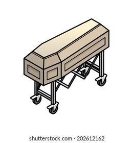 A classic plain coffin/casket on a trolley.