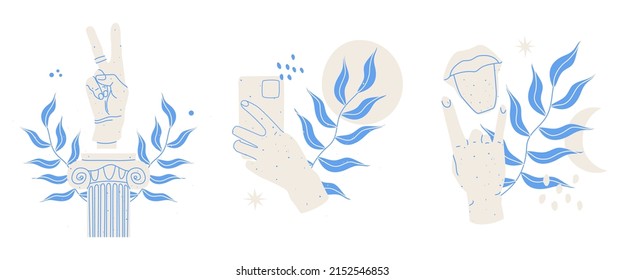 Classic plaster statue. Pedestal gesture, selfie, hands and tongue. Trendy flat vector illustration. Eps10