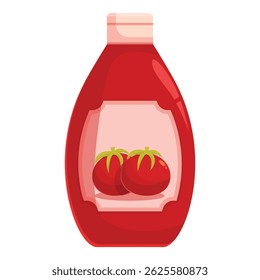 Classic plastic bottle full of ketchup featuring two ripe tomatoes on the label