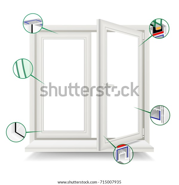 Classic Plastic\
Window Vector. Plastic White Window Frame Profile. Opened Realistic\
Window. Isolated\
Illustration\
