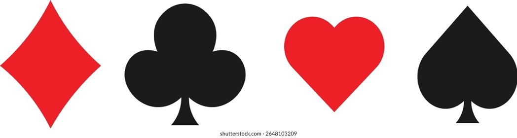 Clássico Jogando Cartas Suits Ícones - Diamante Vermelho, Clube Preto, Coração Vermelho, e Preto Espada Símbolos - Vetor Gráfico para Design de Jogo, Temas de Casino, Poker Art, e Uso de Impressão