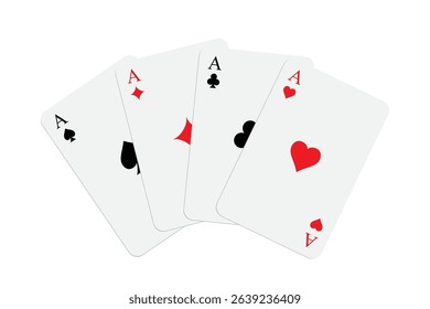 Classic playing cards set. Four aces with traditional red and black suits: spade, club, diamond, and heart. Minimalist flat design on white background. Vector illustration of poker deck.