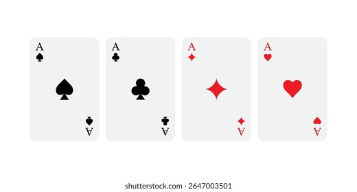 Jogo clássico de cartas de baralho. Quatro ases com trajes tradicionais vermelhos e pretos: espadas, clube, diamante e coração. Design plano minimalista sobre fundo branco. Ilustração vetorial do deck de pôquer.