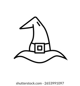 Classic pointed witch hat icon used in Halloween costumes and magical themes. Great for witches, potions, or spooky characters. Outline icons Collection. editable stroke. vector illustration