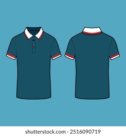 Un diseño clásico de polo con un cuerpo de color verde azulado, cuello y puños blancos y adornos rojos. Esta Plantilla es perfecta para crear diseños personalizados para tu marca o equipo.