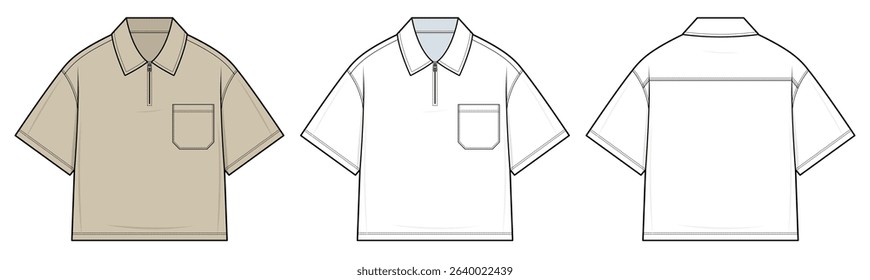 Classic Polo Shirt Technical Fashion Illustration. Short-Sleeve Polo with Zip Placket and Chest Pocket vector template. Front and Back Views. Neutral Color Palette. CAD Mockup Set.