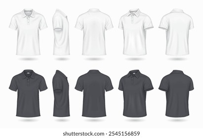 Classic polo shirts for men mockup design realistic vector illustration set. Casual black and white clothing with copy space 3d models on white background