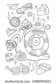 classic pop element 80s 90s. Sticker pack, fashion patch, badge, emblem. headphones, bottle of water, cap, sneakers, mushrooms, rose, camera lips, banana, music cassette isolated on white background. 