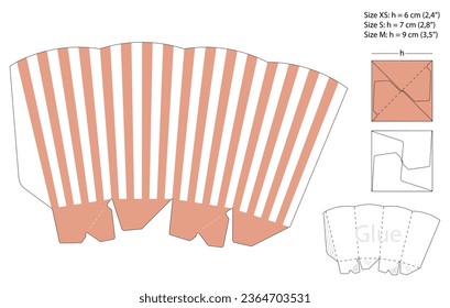 Classic popcorn box die cut template with vertical stripes isolated on white background. Vector illustration