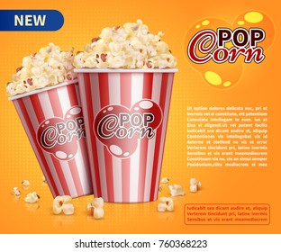 Classic Popcorn Movie Theater Snacks Vector Promotional Background. Pop Corn For Cinema, Bucket With Popcorn Illustration