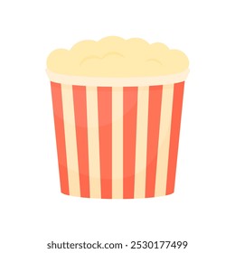 Classic popcorn in a striped red cup in cartoon style on a white isolated background. Popcorn for watching movies. Popular movie snack