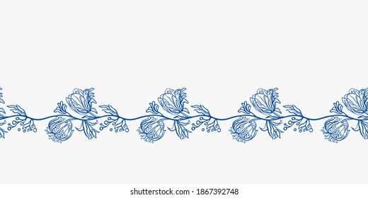 Classic Porcelain Blue Floral Baroque Border. Seamless Vector Floral Garland. Brush Pen Design. Kitchen Tools. Food, Kitchen Wear, Summer Party. Vector EPS 10 Tile.