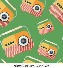 Classic portable radio flat icon seamless pattern.