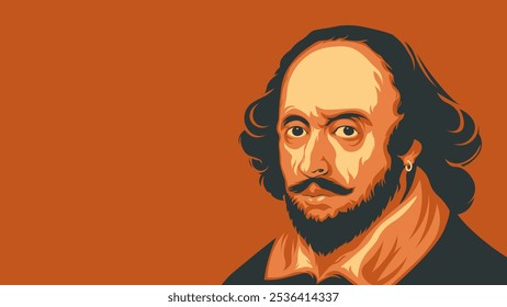 Retrato clássico de William Shakespeare, situado contra um fundo quente. Ideal para temas literários, educacionais e históricos, celebrando a literatura clássica e a história inglesa