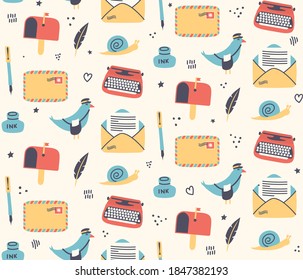 Classic postal service pattern - snail mail seamless design with cute hand drawn elements in retro style and colors