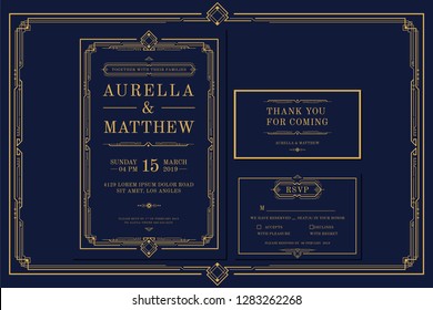 Classic Premium Vintage Style Art Deco Engagement / Wedding Invitation with gold color with frame. Include Thank you Tags and RSVP. Vector Illustration