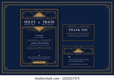 Classic Premium Vintage Style Art Deco Engagement / Wedding Invitation with gold color with frame. Include Thank you Tags and RSVP. Vector Illustration - Vector