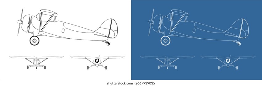 Lado clássico do avião de hélice e conjunto de ilustração vetorial de visão frontal