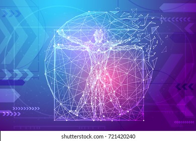 Classic proportion man in the form of a starry sky or space, consisting of point, line, and shape in the form of planets, stars and the universe. Vector wireframe concept. Blue purple