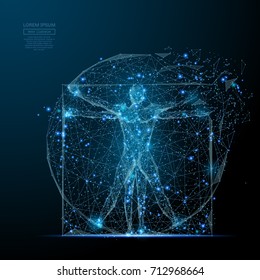 classic proportion man low poly wireframe. Vector polygonal image in the form of a starry sky or space, consisting of points, lines, and shapes in the form of stars with destruct shapes