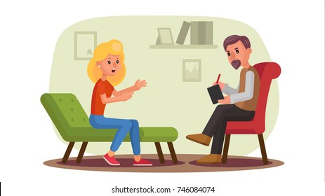 Classic Psychologist Vector. Classic Psychotherapist And Woman Patient. Psychotherapy Counseling Concept. Consultation Of Psychotherapist. Psychology Cabinet With Sofa. Flat Cartoon Illustration