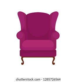 Classic purple armchair with wooden legs. Comfortable furniture for living room. Cozy wingback chair. Flat vector icon