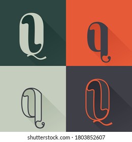 Classic Q letter logo set in Renaissance style. Four style condensed serif font. Perfect to use in any fashion labels, glamour posters, luxury identity, etc.